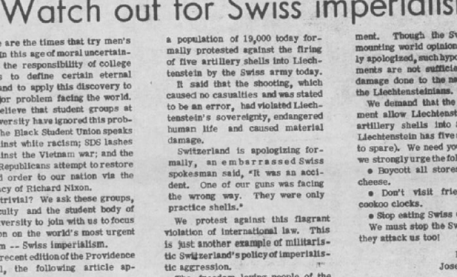 «The world's most urgent problem – Swiss imperialism.» Annonce du journal de l'université du Maryland